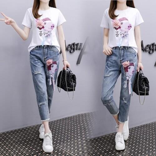 Two sets Women Suit 2021 Summer Loose Cartoon Piggy Short-sleeved T-shirt+Ripped Nine-point Jeans suit Female Casual Clothing