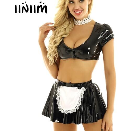 Womens Ladies Wetlook Clubwear Parties Latex French Maid Dress Sissy Halloween Cosplay Costumes Crop Top with Flared Mini Skirt