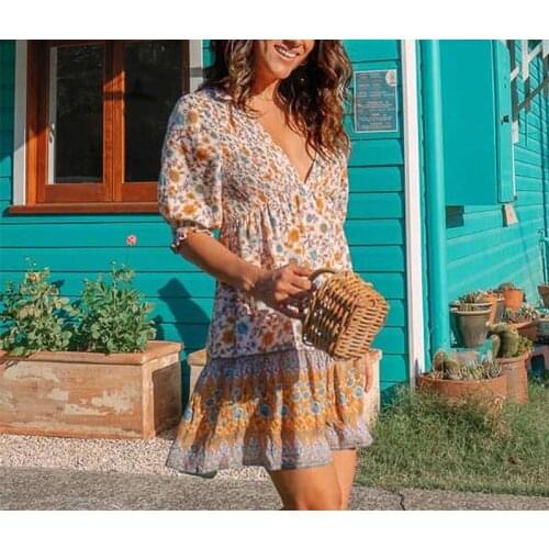 2021 new spring BOHO MINI DRESS beige floral V-neck short sleeve summer buttons tied sexy women dress cute beach party wear