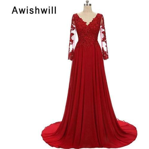 Elegant Mother of The Bride Dress Long Sleeves V-neck Beaded Appliques Chiffon Custom Plus Size Women Formal Evening Dresses