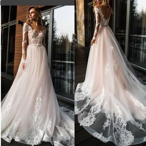 Wedding Dress 2019 Elegant Lace Vestidos de novia A Line Illusion Long Sleeves Bridal Gowns Romantic Floor Wedding Gowns