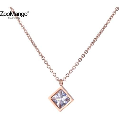 ZooMango Rose Gold Stainless Steel Pendant Necklace AAA Square Zircon Choker Necklace Jewelry For Women New Year Gift ZN18268