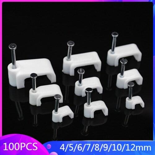 100Pcs 4/5/6/7/8/9/10/12mm Wall Home Supplies Fixing Cable Clip Mount Square Clamp Office Trough Sub Line Wire Card With Nail