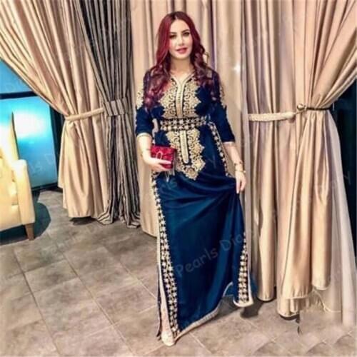 2021 Elegant Moroccan Kaftan Evening Dresses Appliqued Lace Arabic Muslim Formal Prom Dress Evening Party Gowns Vestido De Festa
