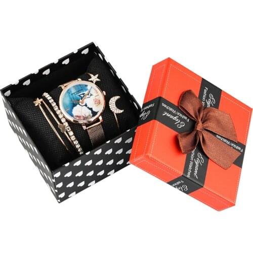 6pc/Set Watch Bracelet Set Women Flower Print Dial Quartz Watch with Crystal Diamond Open Cuff Heat Star Bangle Gift Set Box