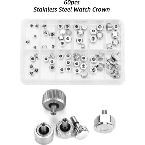 60pcs/set Stainless Steel Watch Crown Watch Flat Head Watch Parts Replacement Accessory Kit Watch Repair Tool for Watchmaker