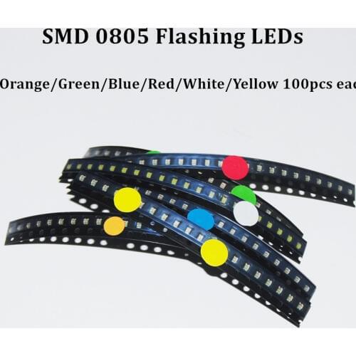 600pcs Flash 0805 LED Diode Mixed Orange / Red / Jade-Green / Blue / Yellow / White 0805 SMD LEDs Blinking Flashing LED Diod