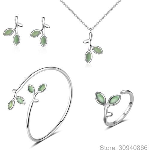 925 Sterling Silver Jewelry Sets Opal Leaf Bud Earrings+Ring+Necklace+Bangle For Women Summer Jewelry