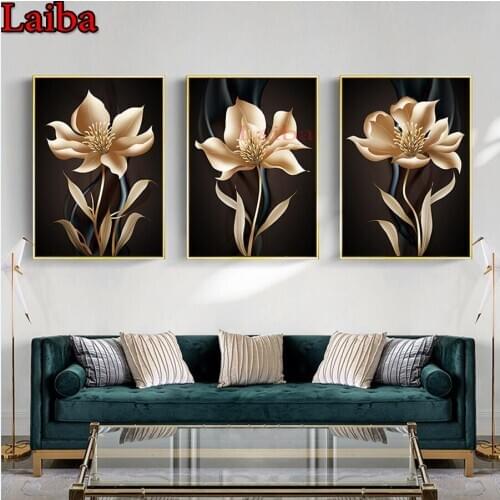 Diamond Embroidery gold flower 5D DIY Diamond Painting abstract painting Diamond Mosaic needlework living 3 pcs room decoration