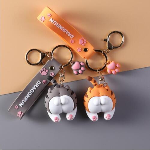 2021 Cute Cat Butt Key Chains For Women Girls Cats Ass Keychain Car Bag Animal Bell Pendant Keyring Jewelry Gift Orange gray
