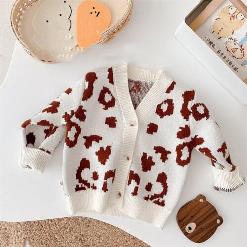 Korean Style Children Clothing Print V-Neck Kidsknitted Cardigan Boys Girls Soft Comfortable Leopard Sweaters Coats Jackets