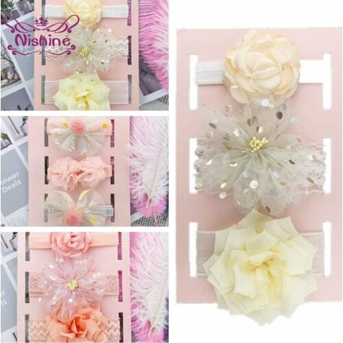 Nishine 3pcs/lot Children Lace Flower Headband Newborn Baby Girl Chiffon Floral Hairband Cute Princess Headwear Kid Photo Props
