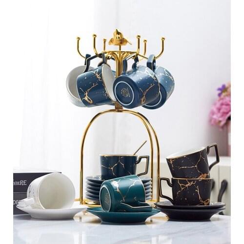 Nordic Style Ceramic Coffee Cup with Saucer and Spoon Set Marble Phnom Penh Tea Cup Porcelain Office Milk Mug Tea Set Drinkwre