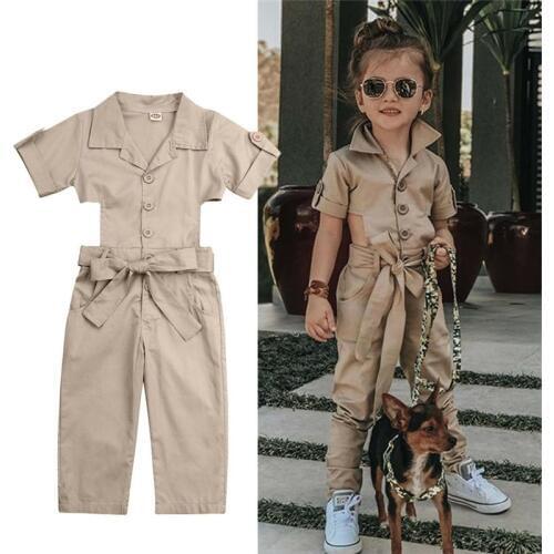 Spring Autumn Children Toddler Kids Baby Girls Jumpsuit Overalls Short Sleeve Shirt Waist Camo Bib Pants Loose Jumpsuits