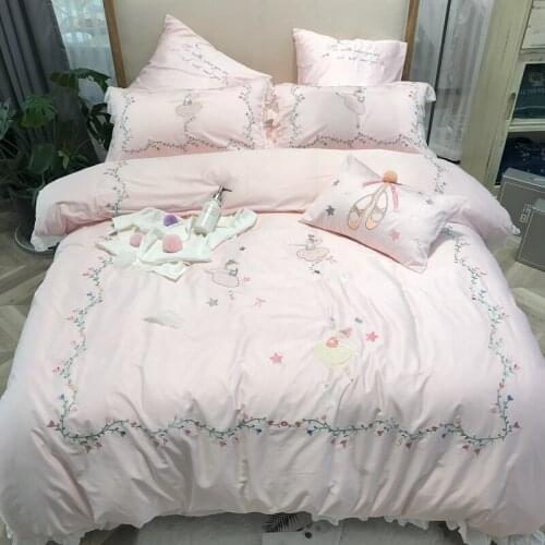 Cute dog embroidery Bedding Set King Queen twin Size 4pcs egyptian cotton Bed Linen Duvet Cover Bed Sheet Pillowcases for girls