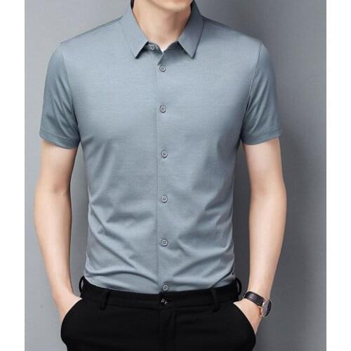 Mens Thin Silk Short Sleeve Shirt Summer Business Middle Aged Fathers Loose Clothes Pure Color Office New Package Mail 2021