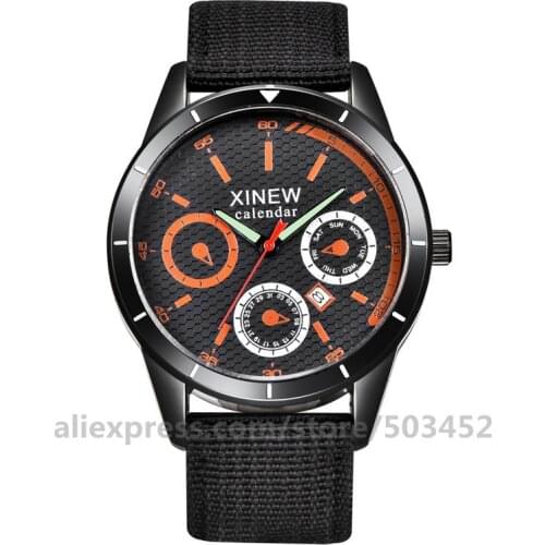 100pcs/lot XINEW 2496 Watches Men Three Eye Nylon Belt Quartz Watch Watch With Calendar Wristwatch Men Red Pointer Montre Homme