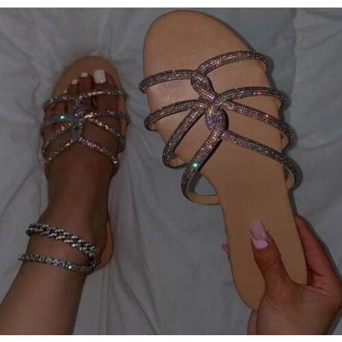 New Womens Slippers Womens Square Toe PU Leather Slippers Womens Summer rhinestone Flat Sandals Plus Size Flat Sandals 616