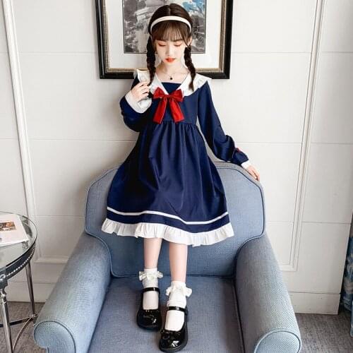 Fashion New Teen Girls Dresses 2021 Spring Autumn Kids College Style Cute Dress Ruffles Bow-knot Princess Dress for Big Girls
