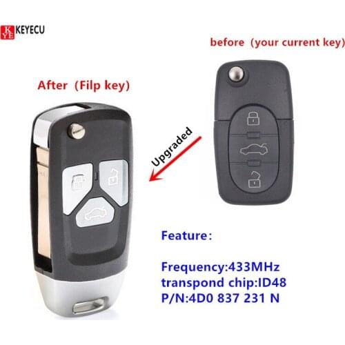 Keyecu Upgraded Flip Remote key Fob 3 Button 433MHz ID48 for Audi A3 A4 A6 Quattro A8 TT RS4 1999 2000 2001 2002 4D0 837 231 N