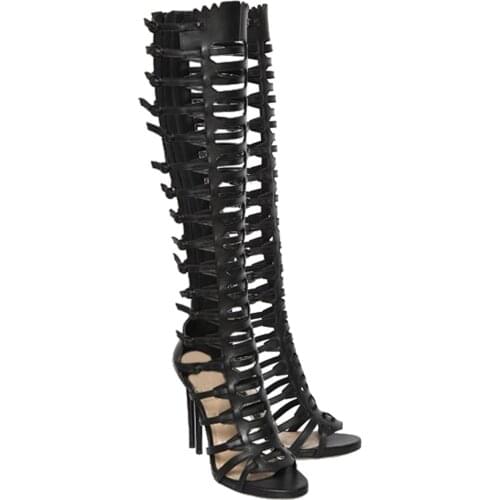 Gladiator Sandals Roman Shoes Womens High Heels Hollow Out Cool Boots Black Handmade Genuine Leather Thin Heels Shoes Pumps