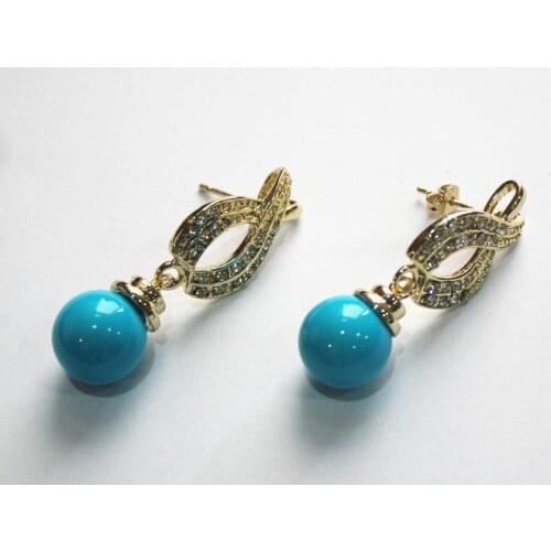 Latest fashion ladys nicest 18KGP with crystal plated leave shape +12mm blue pearl bread earring