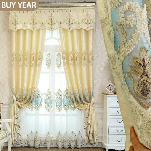 European Style Curtains for Living Dining Room Bedroom Light Luxury Simple Beige Embroidered Curtains Tulle Valance Curtains