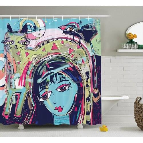 Modern Art Home Decor Shower Curtain Funk Style Avatar Woman with Cat on Head Graffiti Unusual Human Humor Art Bathroom Curtains