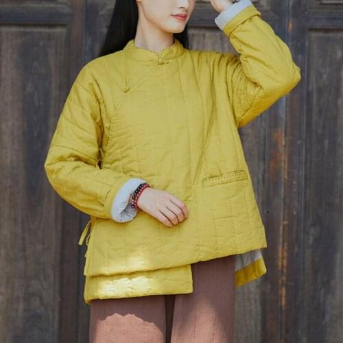 Johnature Women Warm Thickened Linen Cotton Padded Jacket Vintage Stand Long Sleeve Solid Color 2021 Winter New Loose Coats