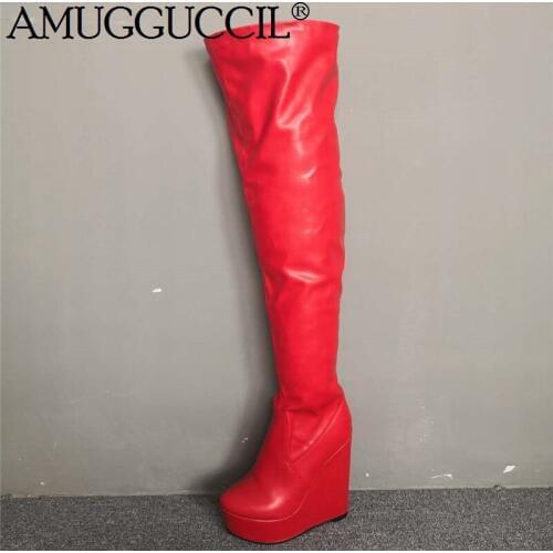 2021 New Plus Big Size 35-52 Red Zip Fashion Thigh High Heel Wedges Platform Over The Knee Lady Women Autumn Winter Boot X1904