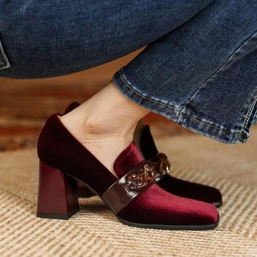 Womens Round Toe Tassels Chain Decor Velvet Genuine Leather Block Heel Slingbacks Shoes Sandals Luxury 2Colors New