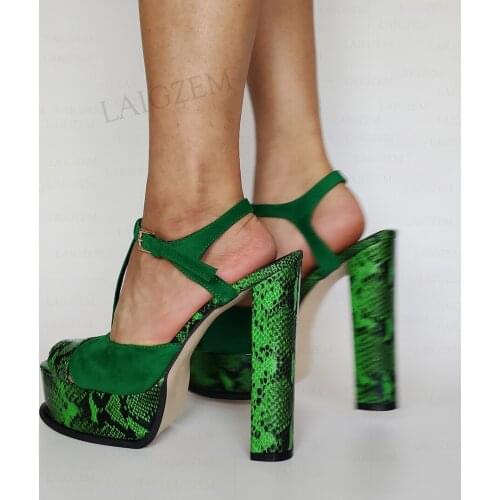 LAIGZEM Women Platform Sandals Thick Block Heels Pumps Patchwork T Straps Party Prom Ladies Shoes Woman Plus Size 41 44 50 52