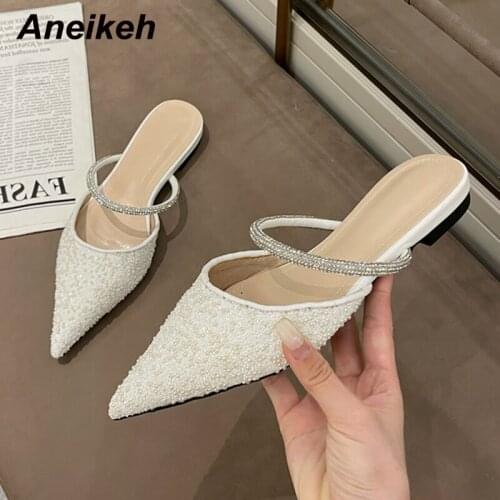 Aneikeh 2021 Summer Women Shoes Bling Sexy Zapatillas Mujer Slides PU Fashion Casual Slippers Pointed Toe Low Heels Size 35-39