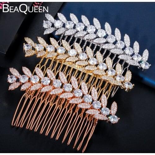 BeaQueen Gorgeous Gold Color Round Cubic Zirconia Paved Long Leaf Hair Combs Head Wedding Jewelry Accessories for Brides H008