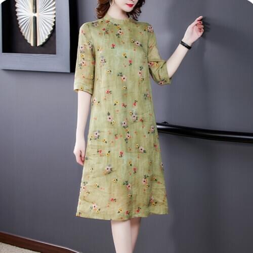 2021 Spring Summer Green Floral Linen Midi Dresses Casual Vintage 5XL Plus Size Print Dress Women Elegant Bodycon Party Vestidos