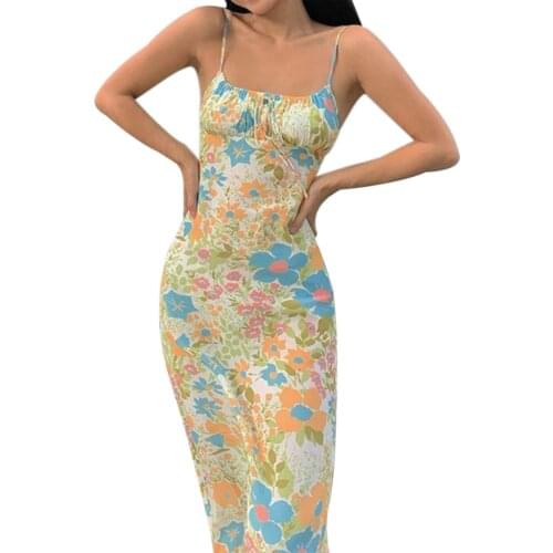 Women’s Casual Suspender Dress Fashion Floral Bandage Square Collar Backless Long Dress