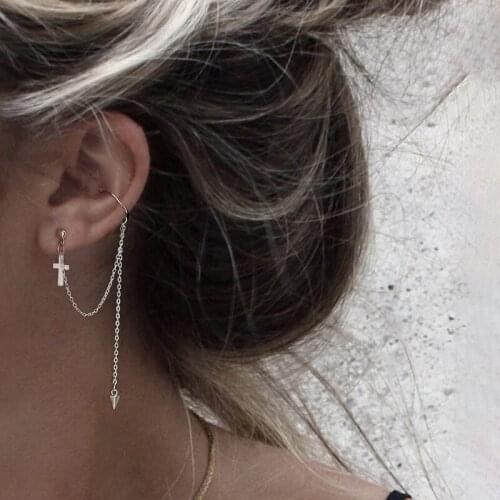 1pcs Fashion Ear Cuff Punk Earrings Fashion Cross Rivet Long Tassel Pendientes Ear Clip Earrings For Women Jewelry Gift
