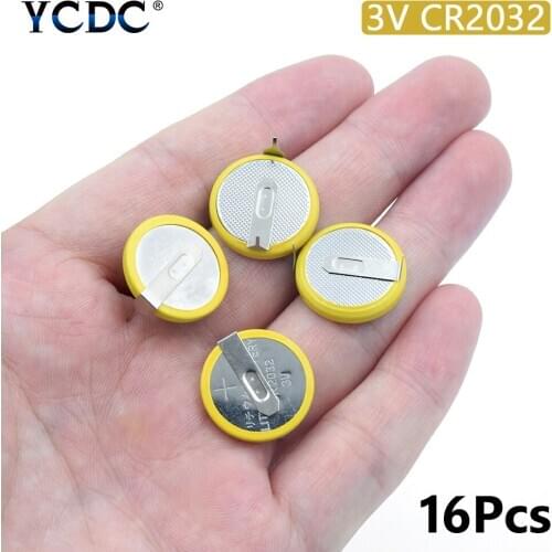 16Pcs CR2032 Battery 2 Soldering Pins 3V Coin Cell For Motherboard Calculator button battery Electronic Scale