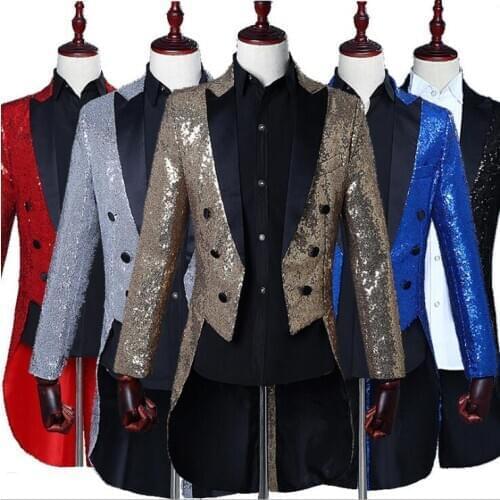 2017 New Arrival Mens Tailcoat Black Sequin Red Men Suit magician Stage Blazer Tuxedo Prom Bar singer Long Jacket Sequin Ternos