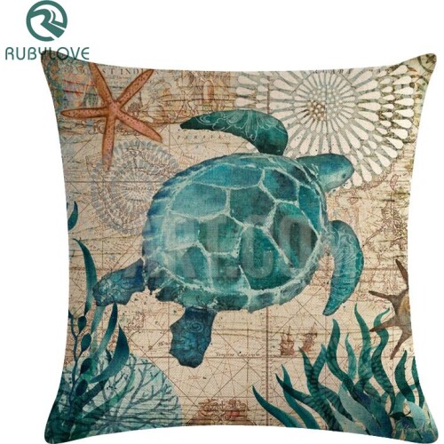 Bule Marine Turtles Octopus Sea Horse Jellyfish Throw Pillow Case On Couch Ocean Animal Linen Comfortable Cushion Cover