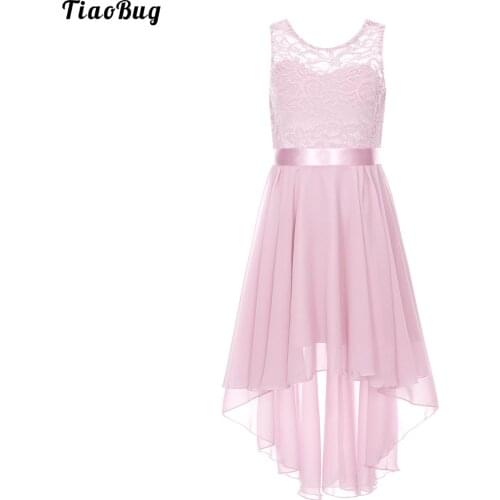 TiaoBug Elegant Kid Girl Lace Chiffon Floral High Low Pendulum Dress With Silk Waistband Wedding Party Stage Performance Costume