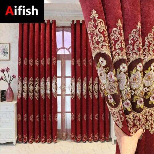European Luxurious Embroidery Chiffon Jacquard Sheer Tulle Window Drapes for Living Room Red Purple Custom Curtains #3