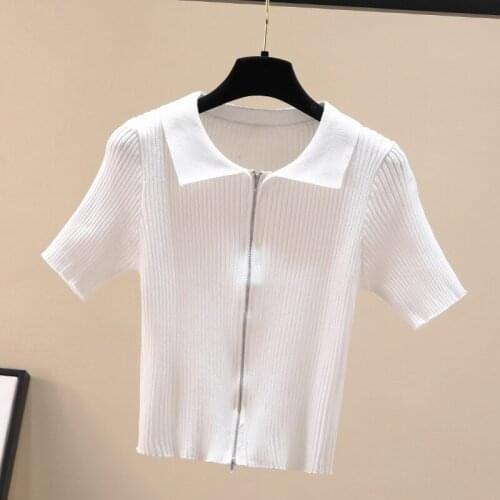 Short Tee Shirt Fashion Zipper Short Sleeve Women Knitted Slim T Shirt Summer Tops Casual Turn-Down Collar Clothes Woman Tshirts