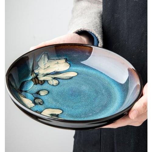 Ceramic deep dish household dish dish disc personality dish creative old-fashioned hand-painted tableware salad plate
