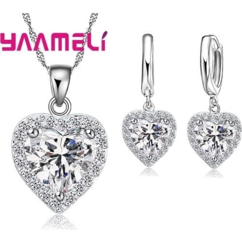 Fine 925 Sterling Silver Jewelry Set for Women Bridal Wedding Heart Austrian Crystal Necklaces Earrings Set Valentine Day