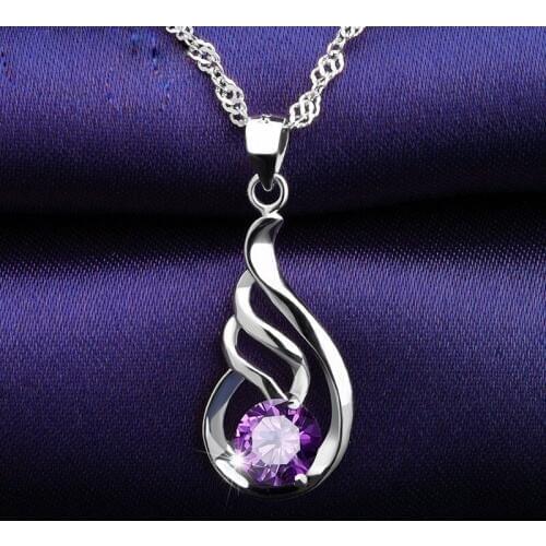 LIAMTING Beautiful Womens Sterling Silver Water Drop Pendant Necklaces With 5mm Purple Cubic Zircon Lady Silver Jewelry VA020