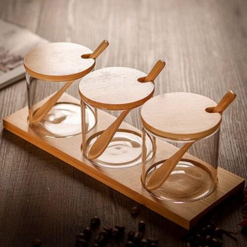 Creative Transparent Glass Kitchen Spice Jar Three-piece Seasoning Storage Tank Seasoning bottles Dispensing Bottle Box Salt