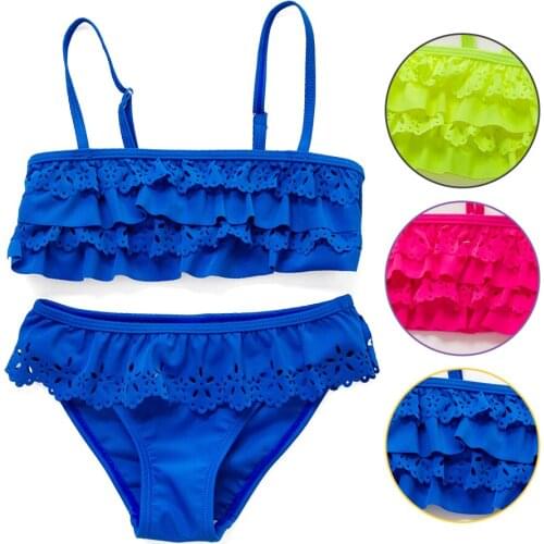 6-14years Girls Swimsuit Two-pieces Ruffle Hollowed Girls Swimwear Bikini Fashion Layered Solid Childrens Swimwear New 2021