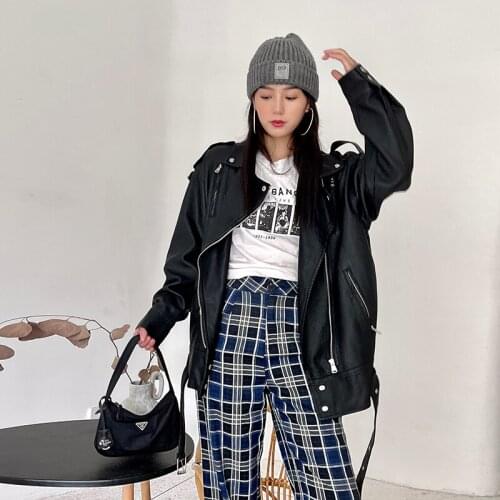 Mid-length Womens Black Faux Leather Jacket Loose Oversized Lapel Long Sleeve Spring Autumn 2021 Motorcycle Jacket Streetwear