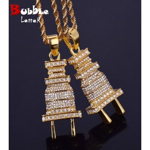 Mens Iced Bling Plug Pendant Necklace Gold Color Charms Micro Pave Full Rhinestone Hip Hop Jewelry